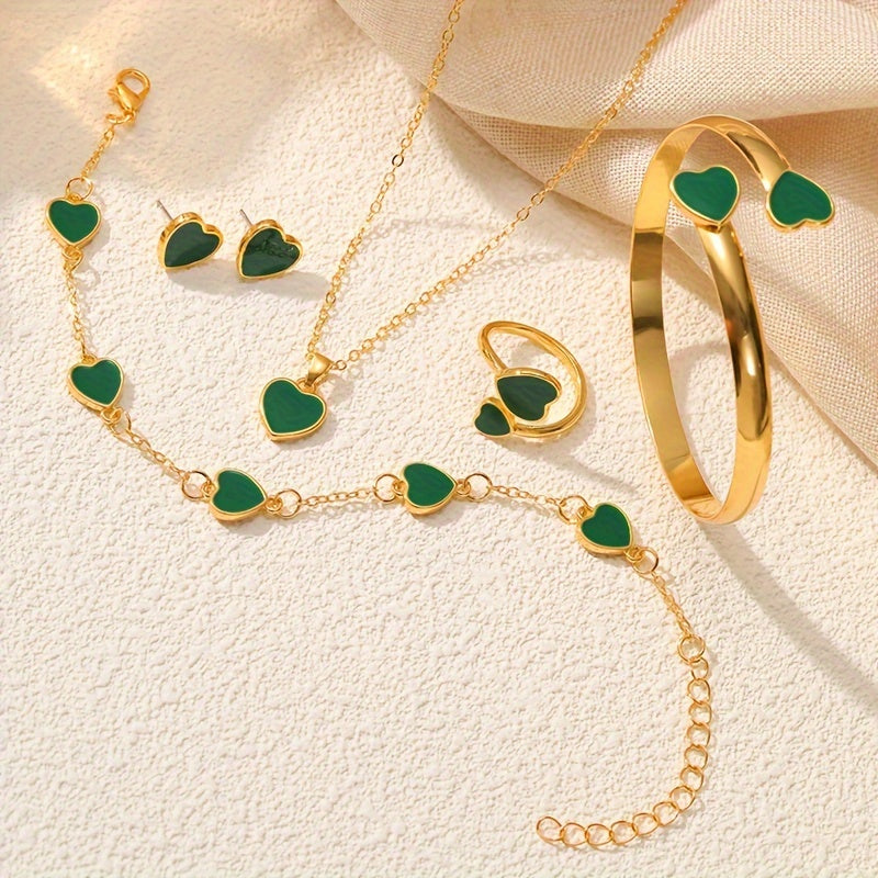 Women Sparkling Heart Jewelry Set 5 Pieces Necklace Bracelet Ring Earrings Gift