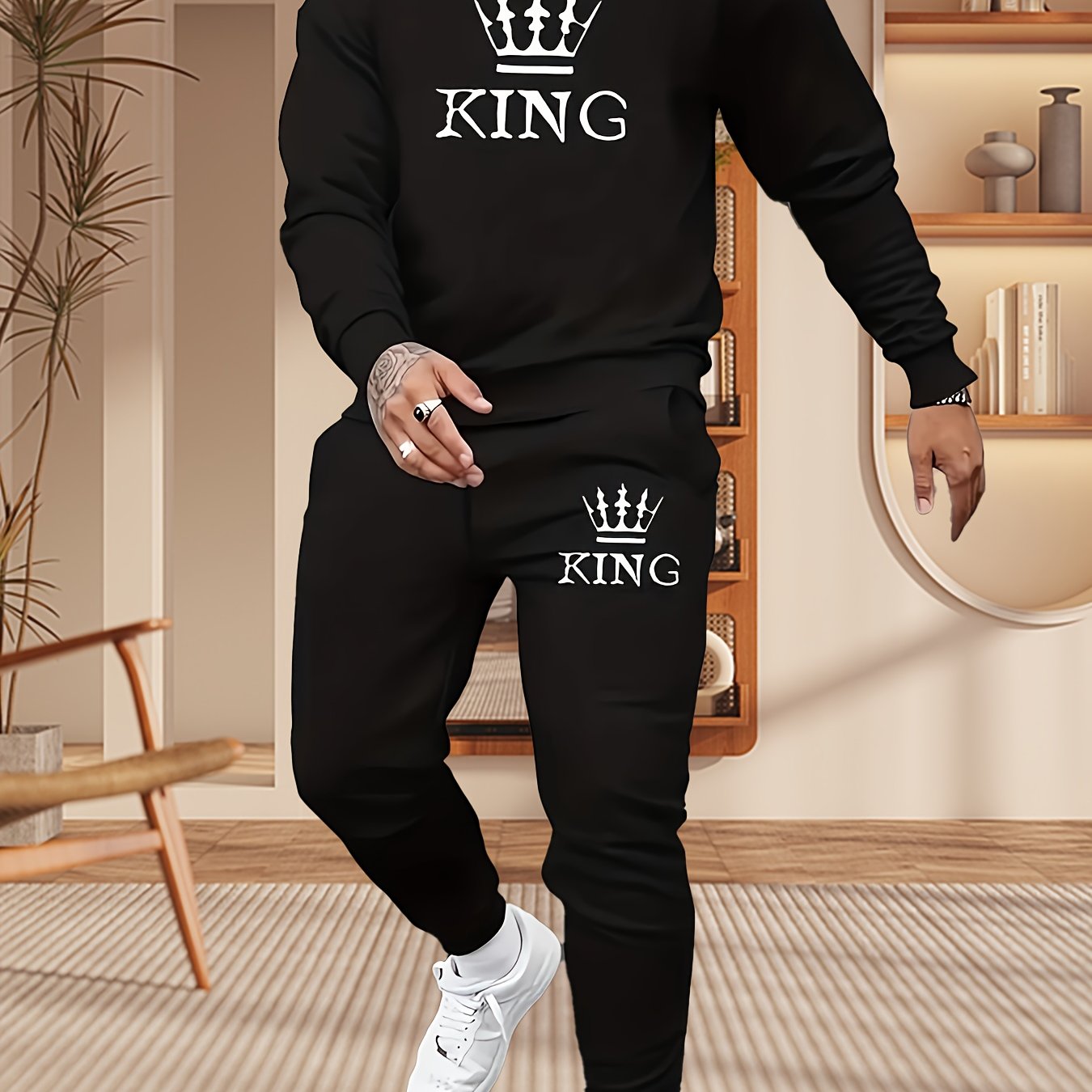 Мужской двухпредметный комплект пижам из полиэстера, повседневный, с алфавитным принтом, худи и штаны