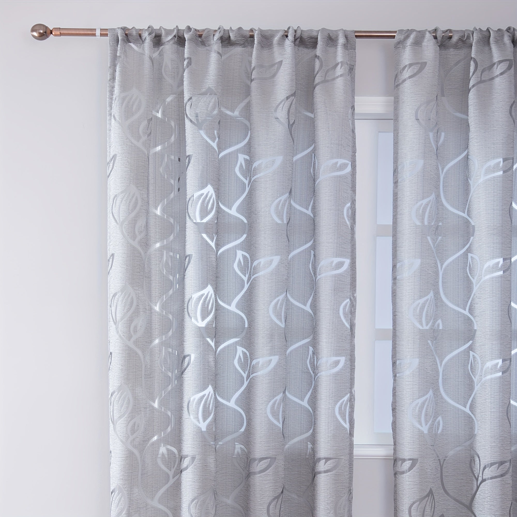 Gray Floral Sheer Curtain with Rod Pocket for Living Room and Bedroom