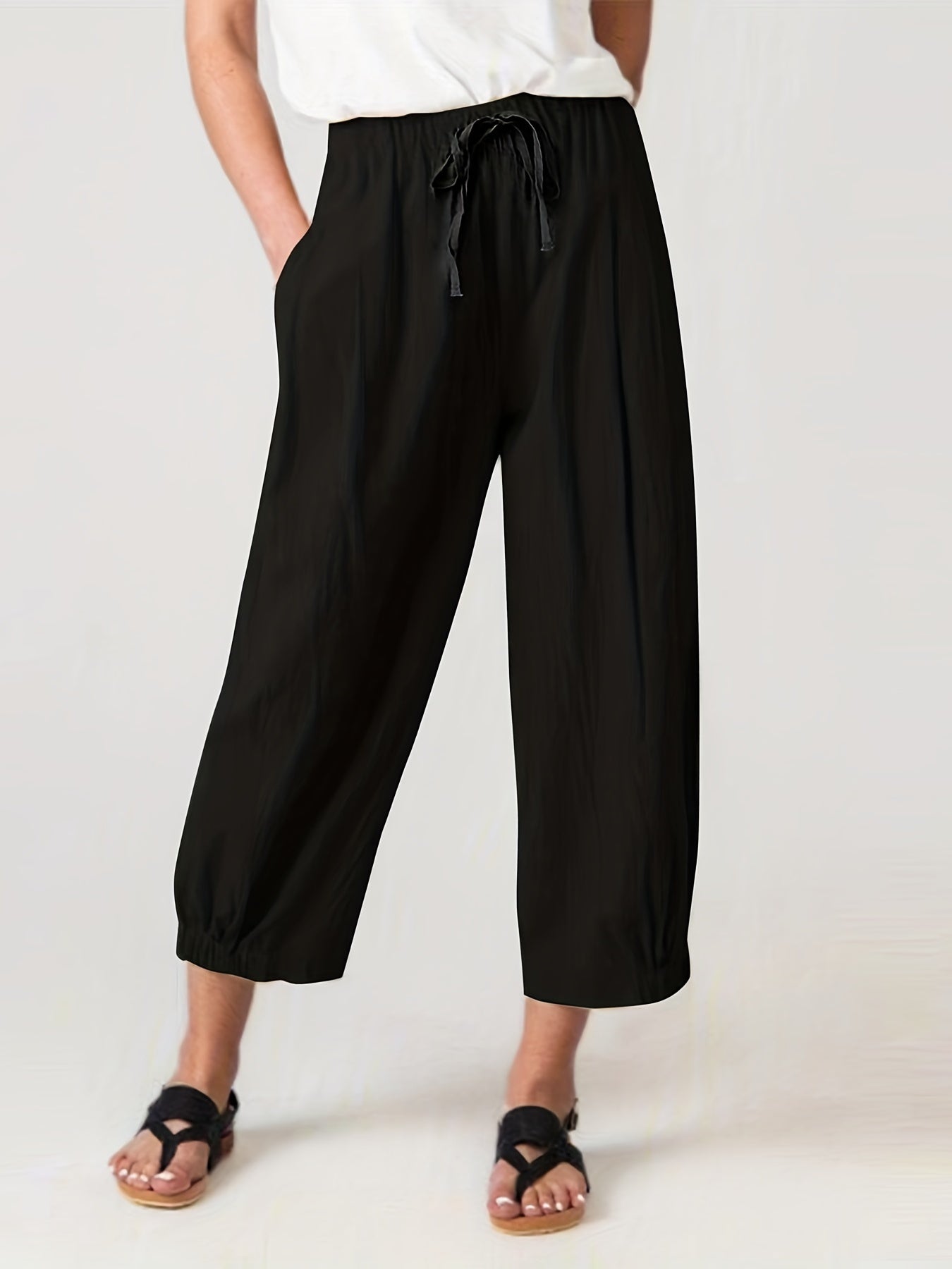 Women's Solid Color Straight-Leg Pants with Elastic Waist and Pockets
