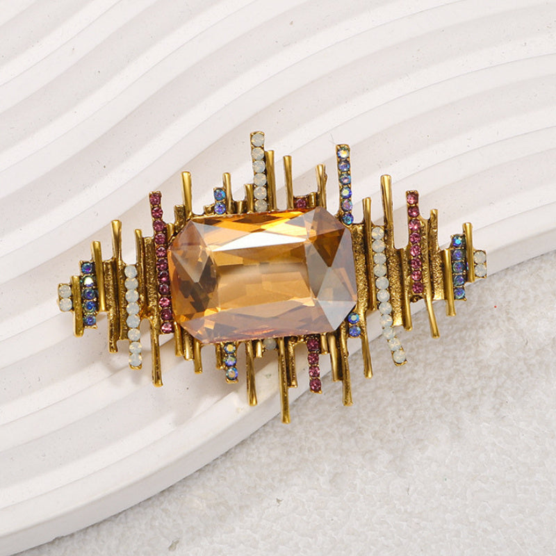 Vintage European American Crystal Geometric Rectangular Brooch Elegant Jewelry
