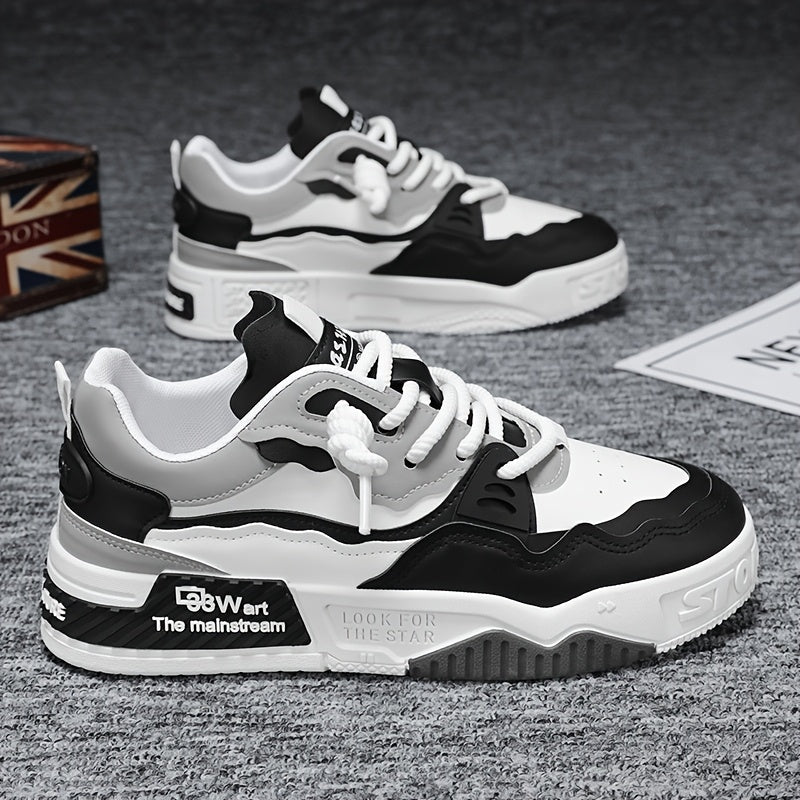 Erkaklar uchun vintage uslubidagi tasodifiy sport krossovkalari, dumaloq barmoq, bog'ichli dizayn, mato astar va barcha mavsumlarda skeytbord uchun PVC taglik.