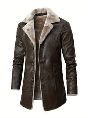 Men's Black Mid-Length Woven Polyester Formal Jacket with Plush Collar and Cuffs