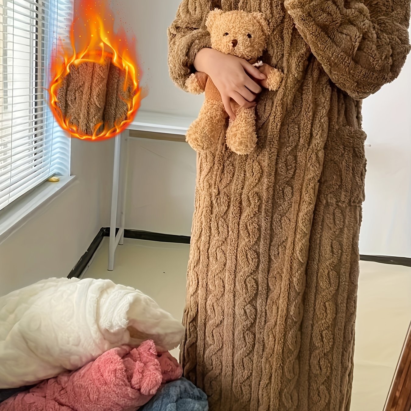 Long Coral Fleece Nightgown for Women Warm Autumn Winter Pajama Bathrobe with Pockets