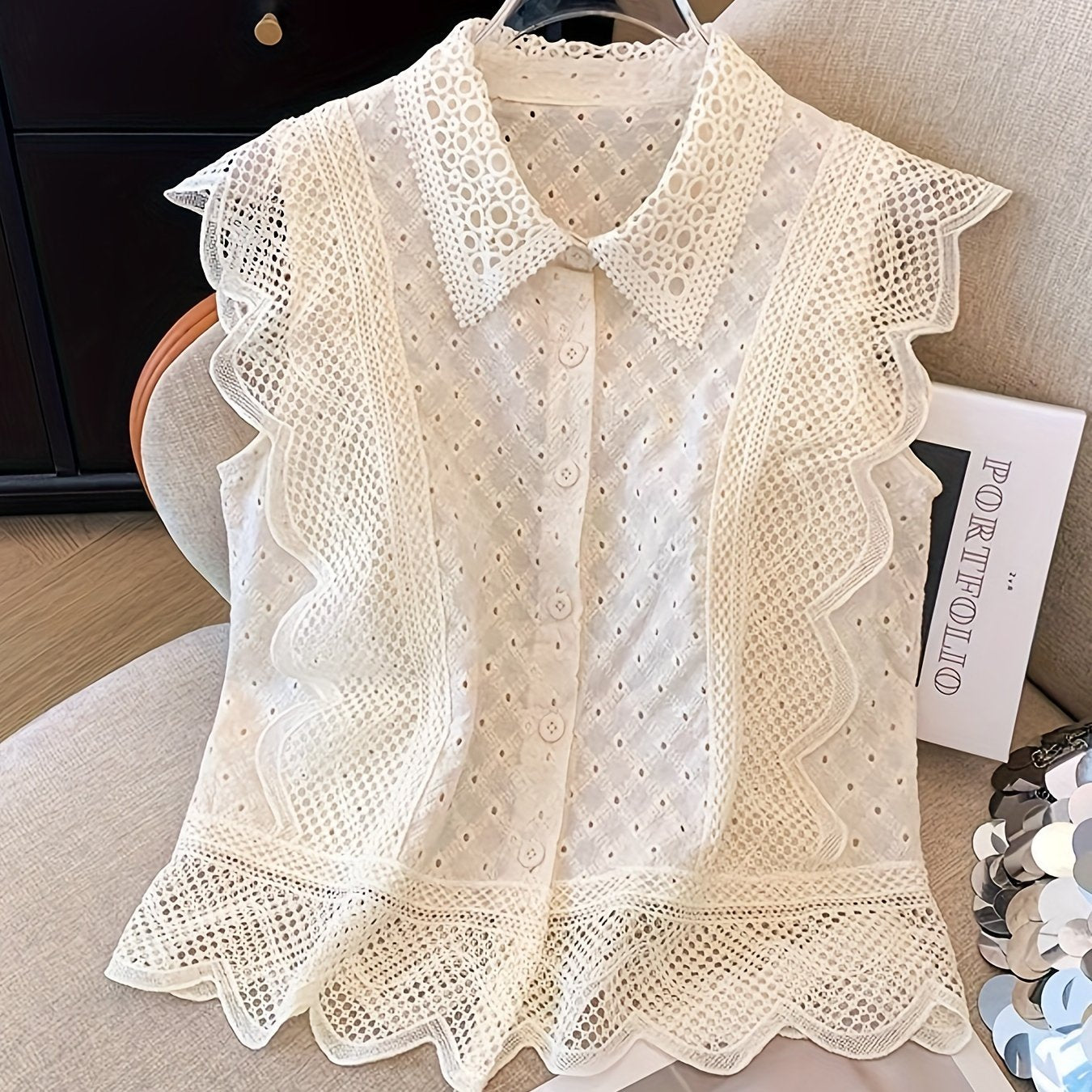 Women's Summer Cotton Blouse with Embroidered Lapel Collar and Single Breasted Placket