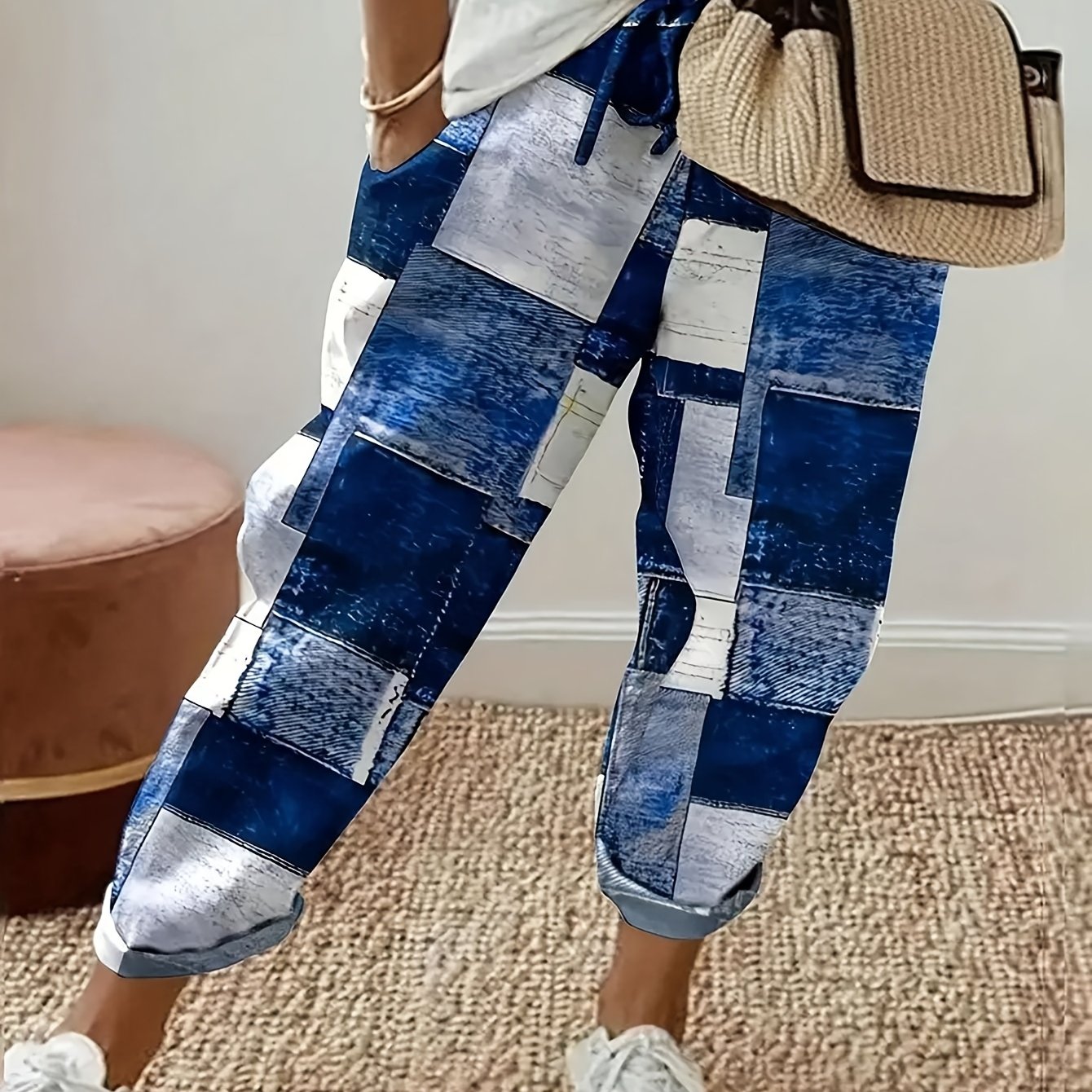 Plus Size Women’s Plaid Harem Pants Casual Woven Fabric Checkered Print