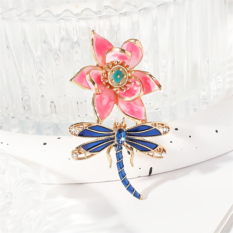 Enamel Lotus Flower and Dragonfly Brooch with Rhinestones Women Fashion Accessory