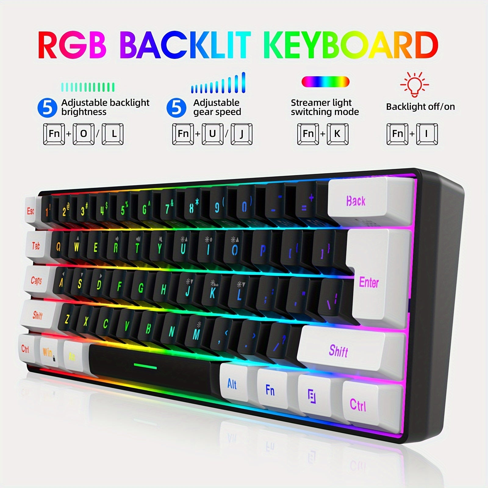 Teclado de juegos RGB mini de 60% con 61 teclas retroiluminadas, con cable USB, para PC y Mac, escritura y juegos