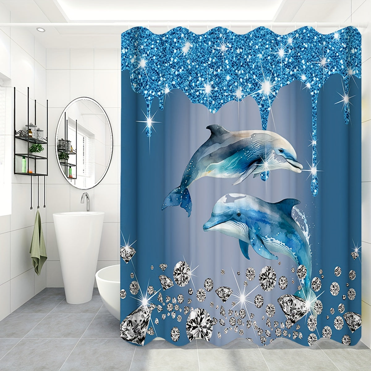 Blue 4-Piece Diamond Dolphin Bathroom Set Includes Shower Curtain Rug Toilet Mat
