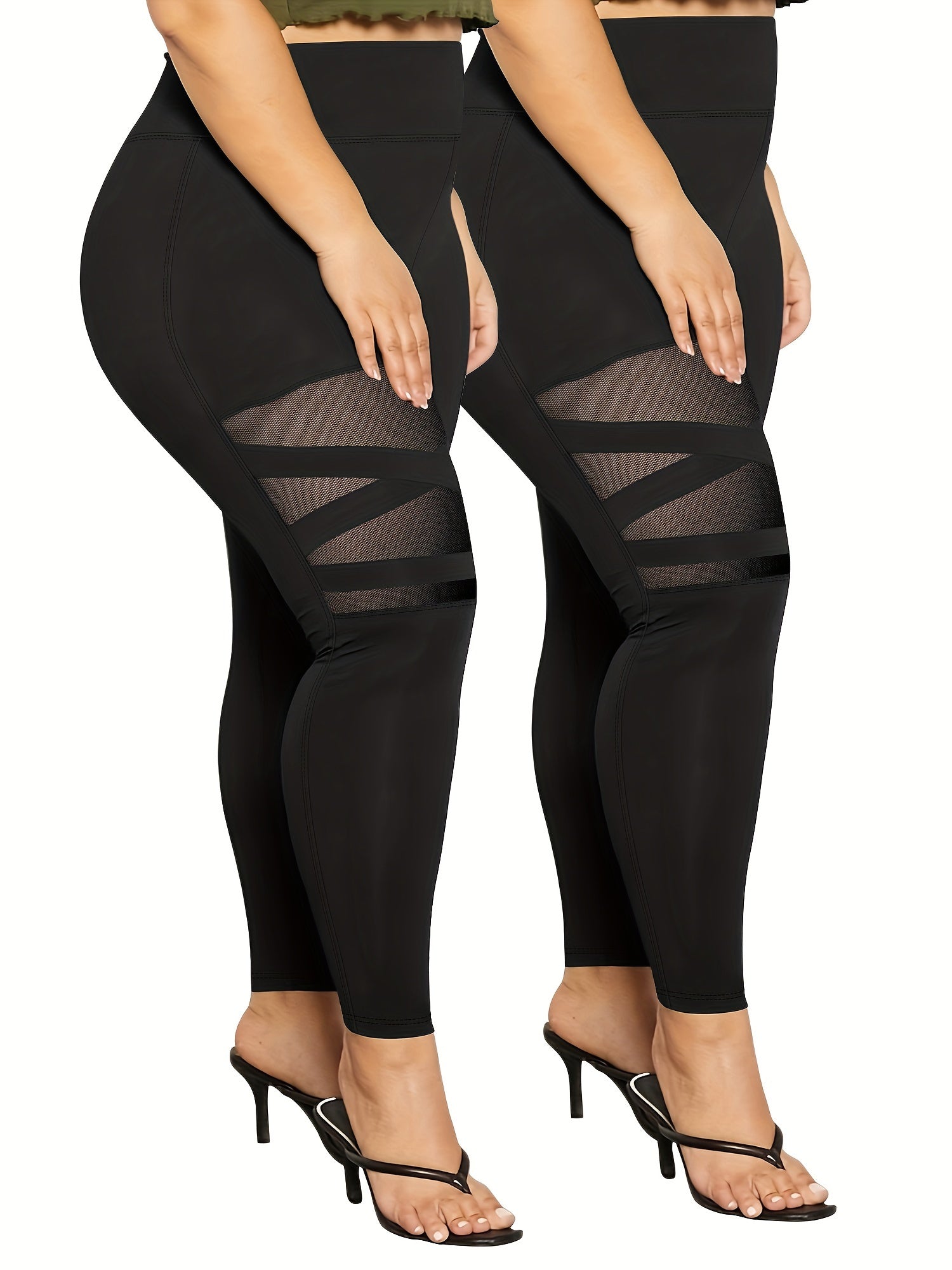 Women's Plus Size Spliced Mesh Leggings Soft Fit Pack of 4