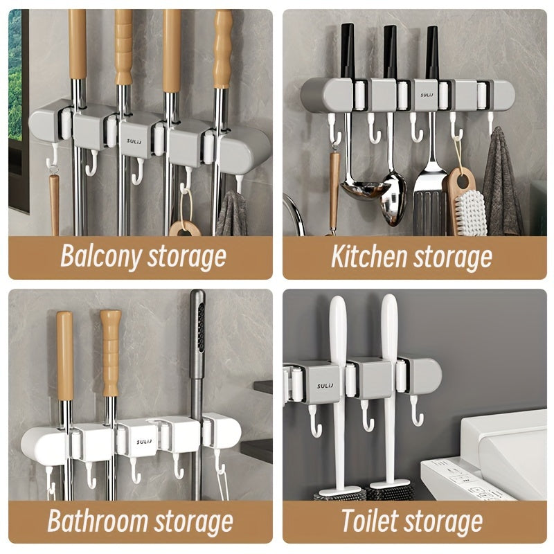 Gancho para fregona de montaje en pared, estante de almacenamiento de plástico sin taladro para baño y balcón
