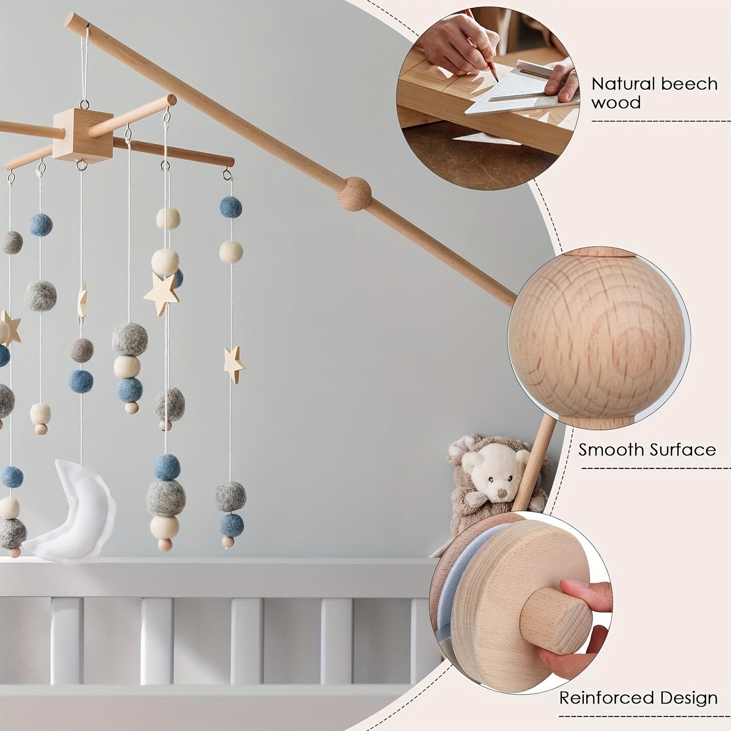 Soporte de pared de madera para móvil con colgadores ajustables y fijos para decoración de habitación