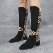 Women's Leopard Print Patchwork Mid-Heel Knight Boots with Zipper