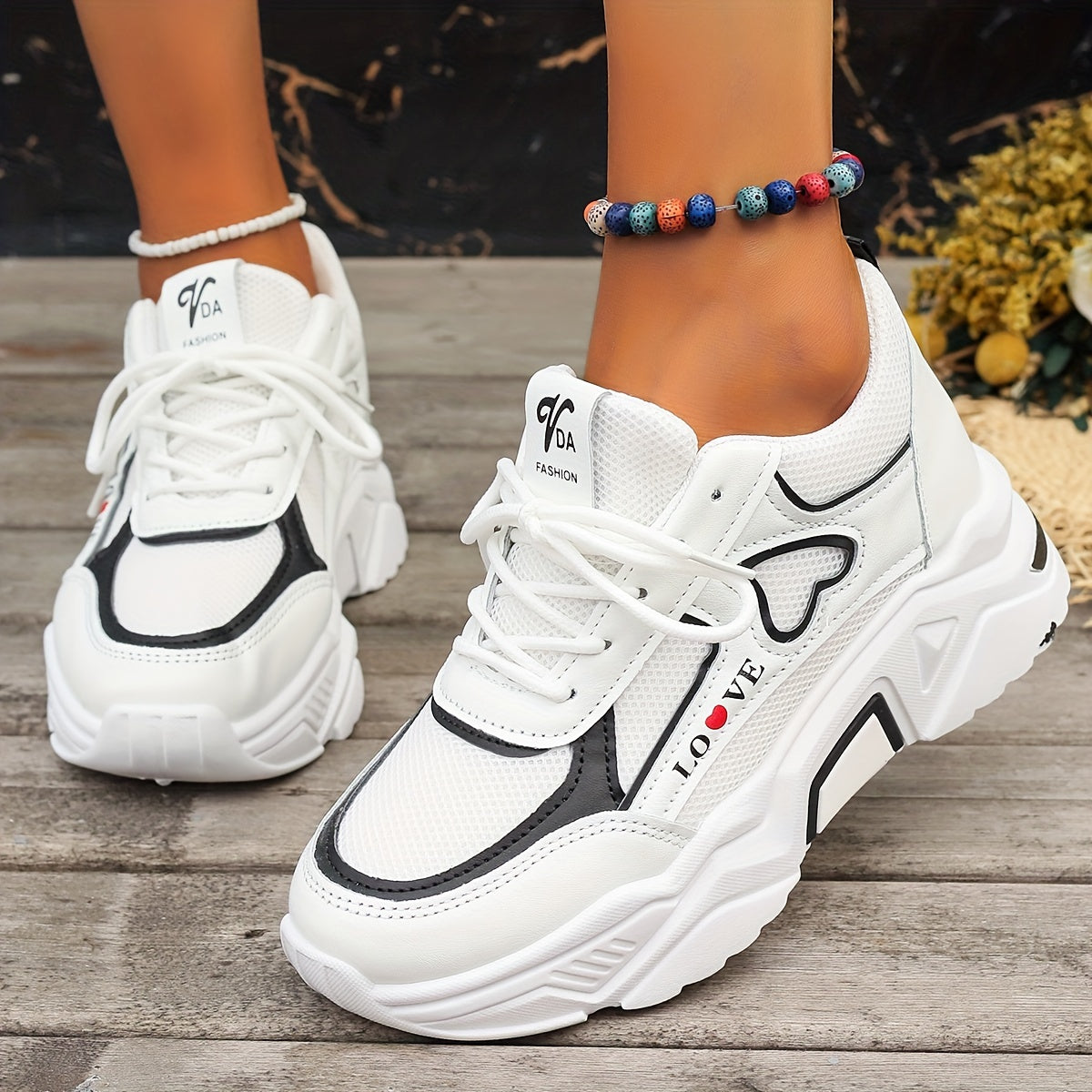 Women's Mesh Chunky Sneakers Breathable Lace Up Low Top Trainers