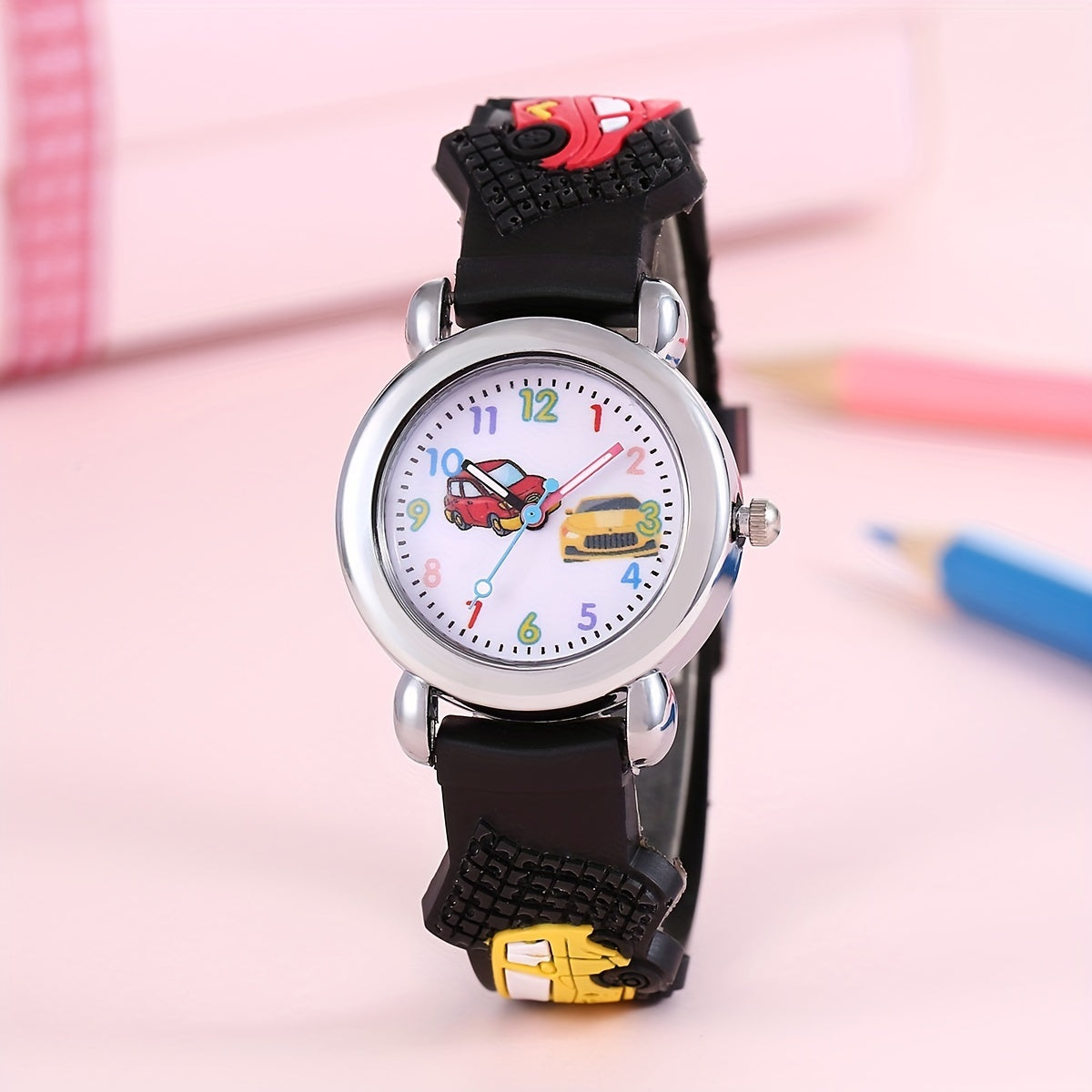 Kids Quartz Watch for Boys and Girls with Car Print, Blue, Non-Waterproof