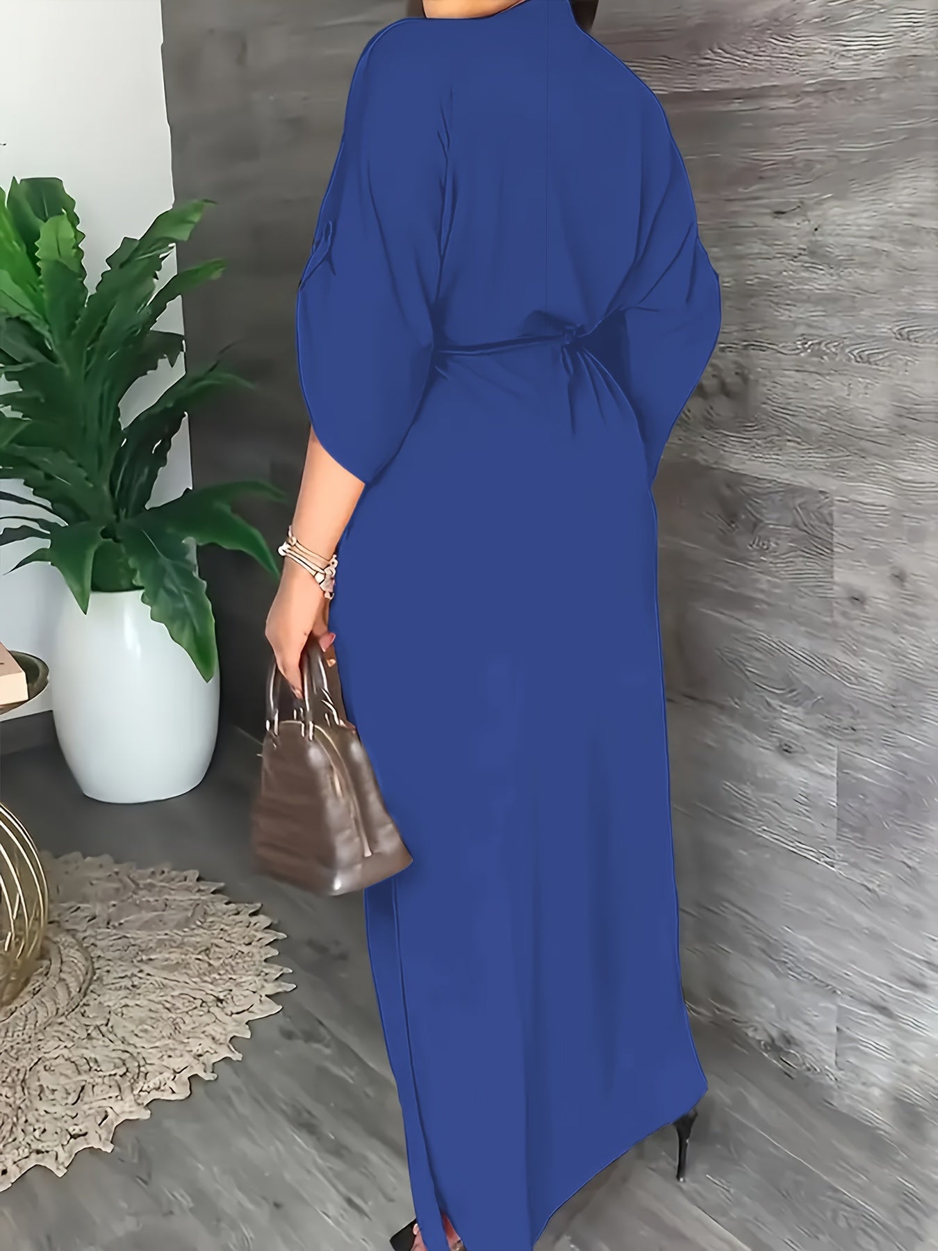 Women's Elegant Plain Color Split Dress with Pull-String Detail