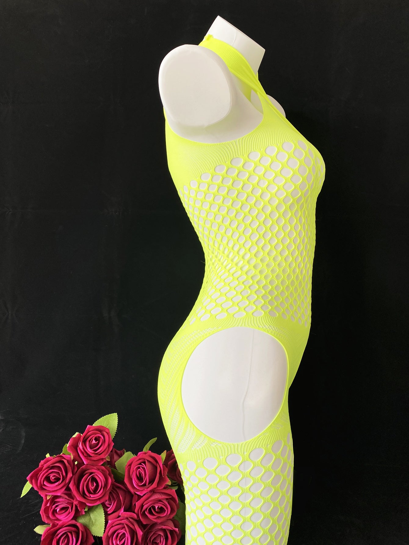 Women's Fishnet Halter Neck Bodysuit with Open Crotch and See-Through Knit Fabric