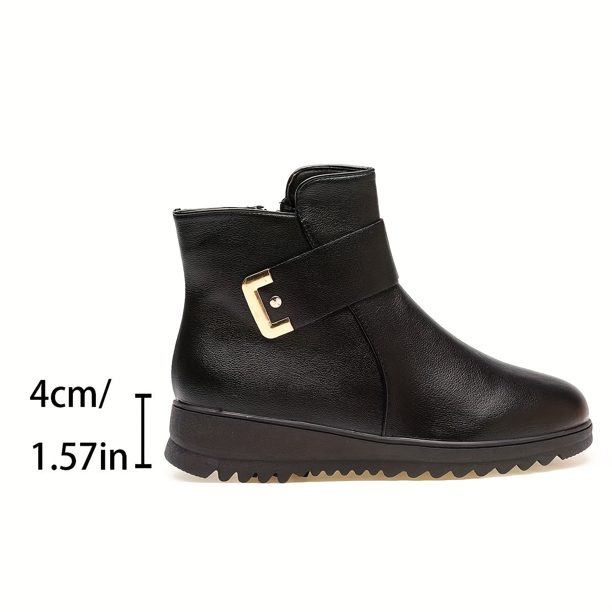 Women Black Wedge Heel Ankle Boots with Side Zipper and Buckle