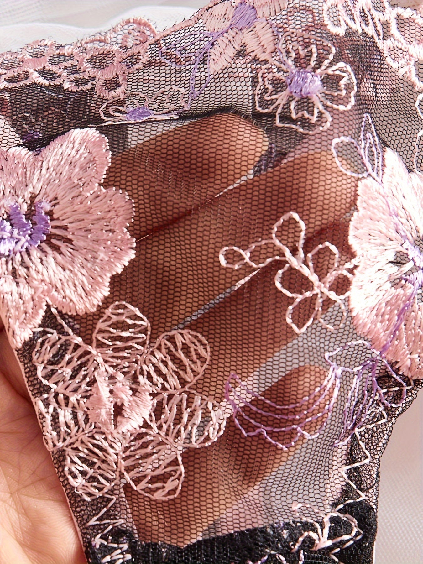 Women's Flower Pattern Lingerie Set with Spaghetti Straps Cupless Bra and Thong