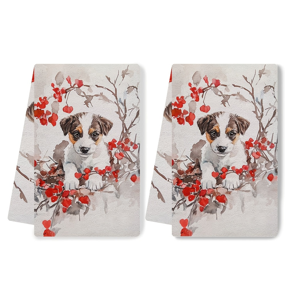 Juego de 2 toallas de cocina ultra suaves con frambuesas rojas y cachorro, absorbentes para secar platos
