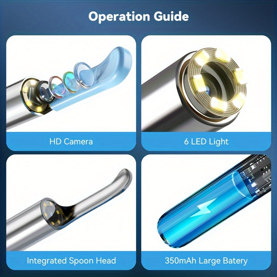 Kit de extracción de cera con otoscopio HD, recargable por USB, alimentado por batería, cámara intraural, negro