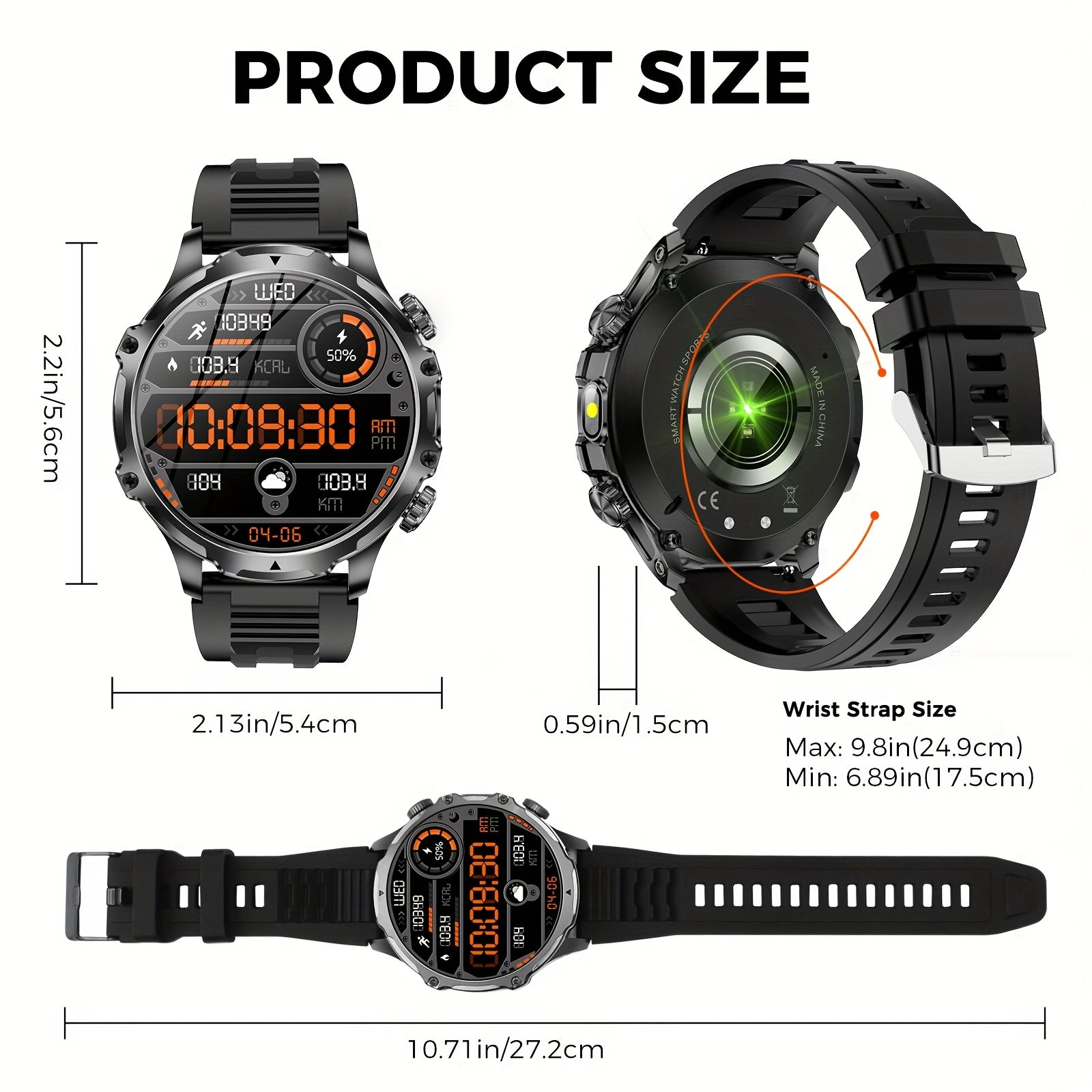 JELLOO 2024 Sport Aqlli Soat 800mAh batareya, 1.85" displey, simsiz qo'ng'iroqni javob berish, LED chiroq, USB zaryadlash, zanglamaydigan po'latdan yasalgan tasma, ko'p sport rejimlari, iPhone va Android uchun