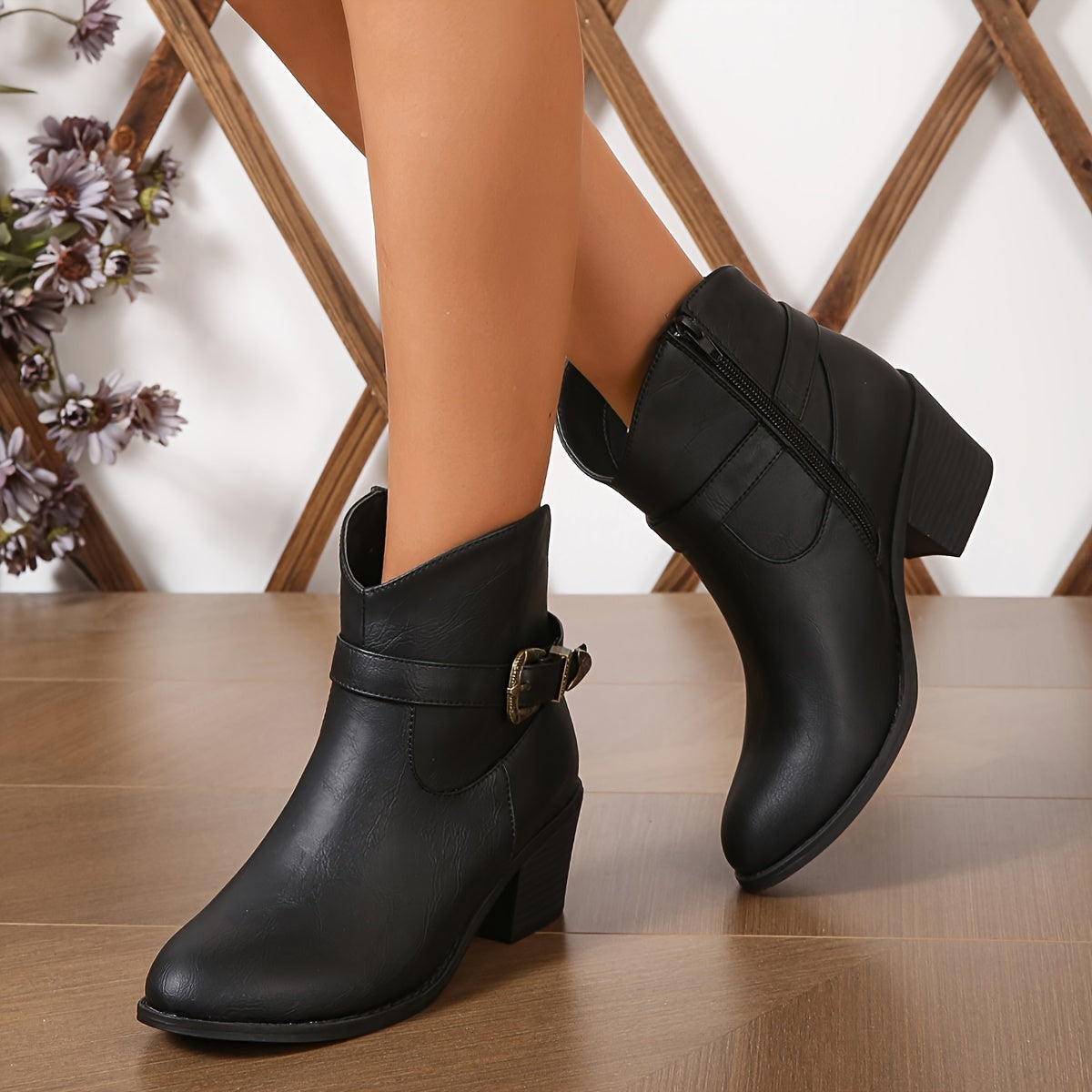 Women's Solid Color Ankle Boots With Zipper Buckle Chunky Heel