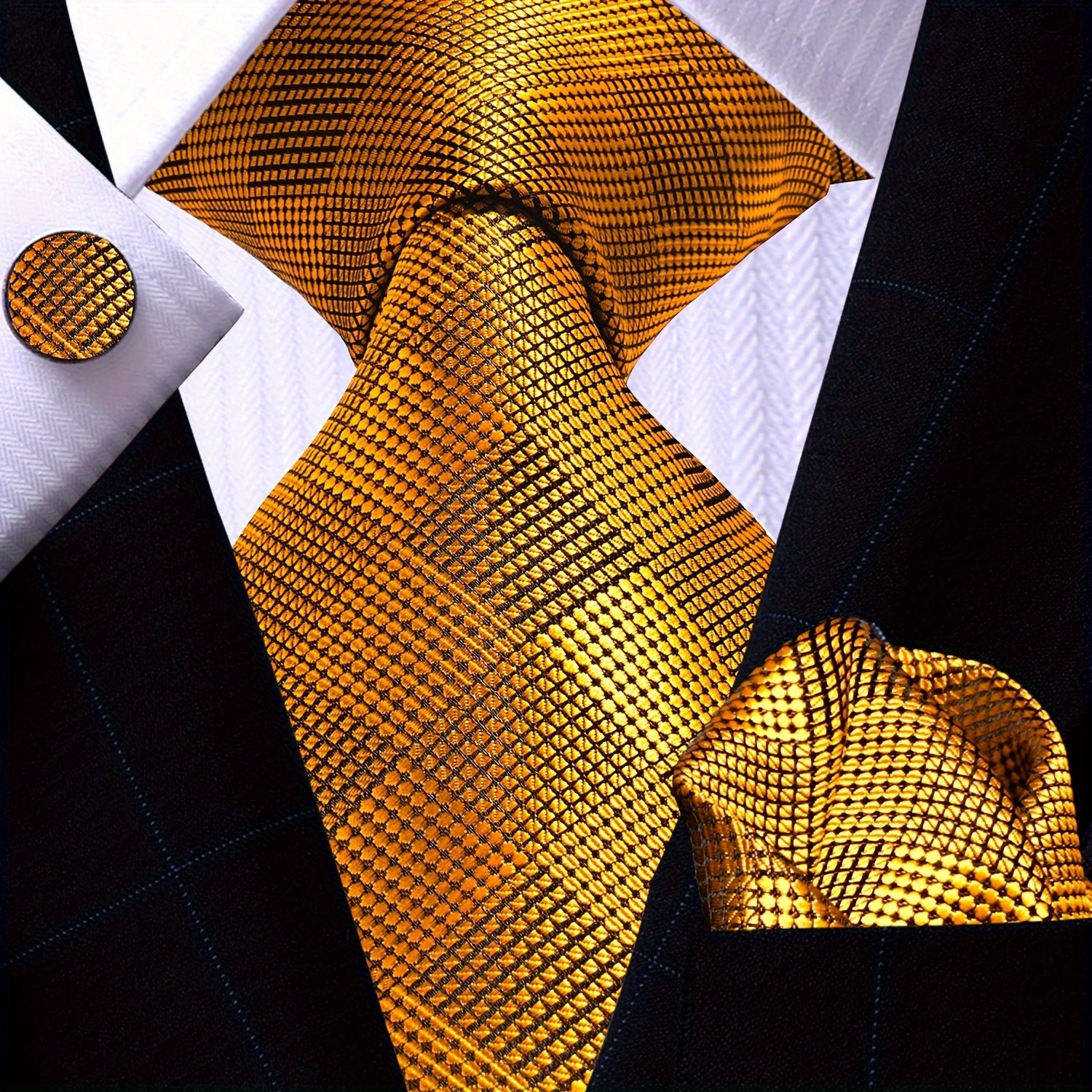 Men's Gold Accessories Set Tie Pocket Square Cufflinks for Weddings Business