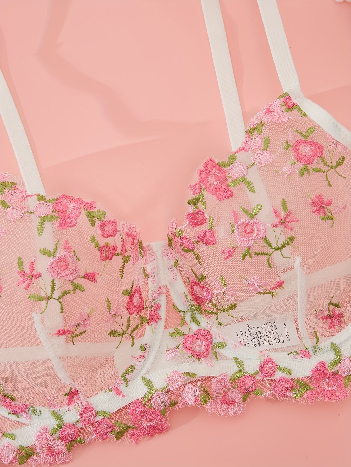 Women's Floral Embroidery Lingerie Set Sheer Mesh Bra and Panties