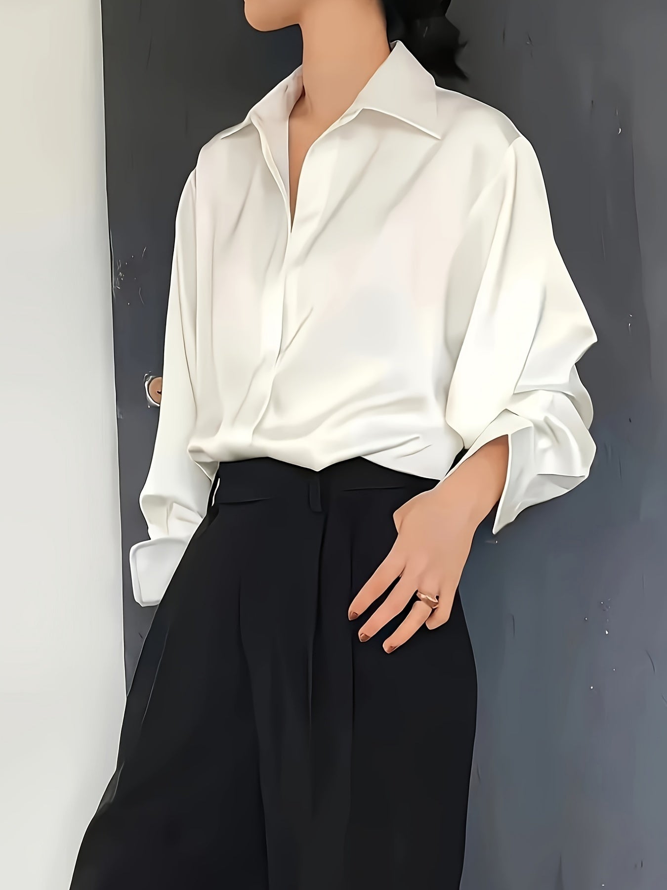 Plus Size Long Sleeve Button-Up Shirt for Women Casual Office Wear Autumn Solid Color Woven Fabric