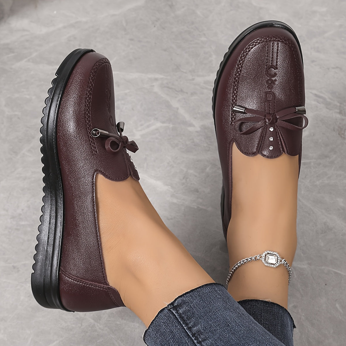 Women's Slip-On Flats Burgundy PU Casual Shoes Cushioned Insole