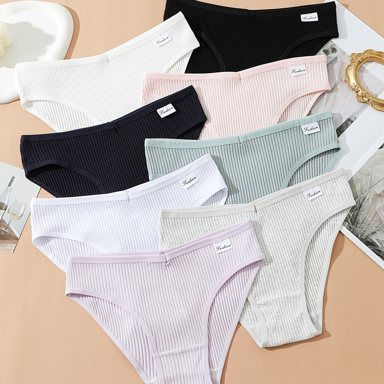 8pcs Women's Seamless Ribbed Low Waist Bikini Panties Breathable Lingerie