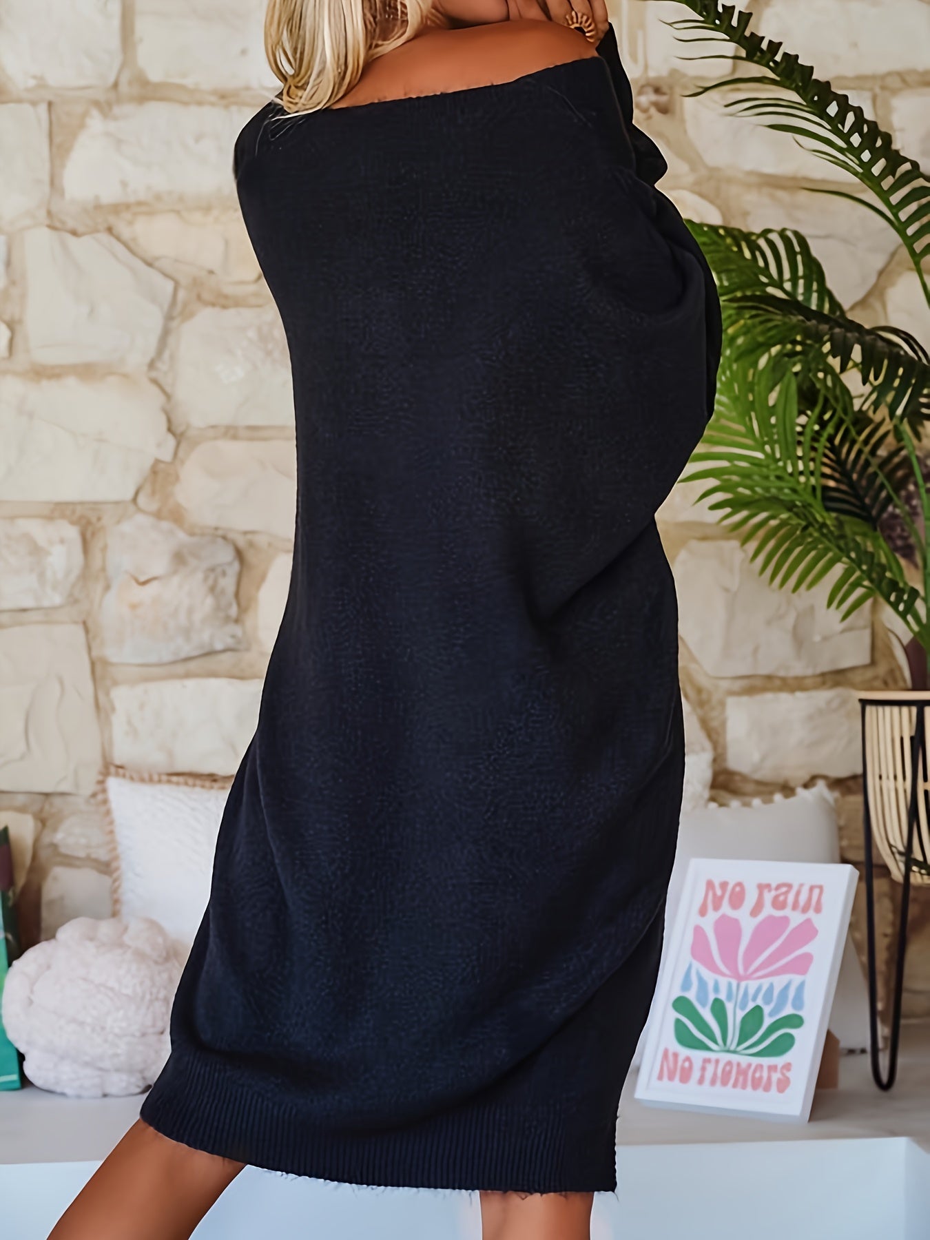 Plus Size Women V-Neck Maxi Dress Long Sleeve Casual Solid Color