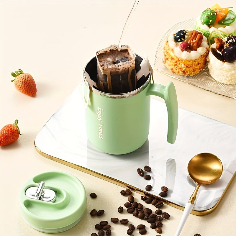 Taza de café de acero inoxidable con asa de pajilla para oficina acampada en naranja azul claro crema