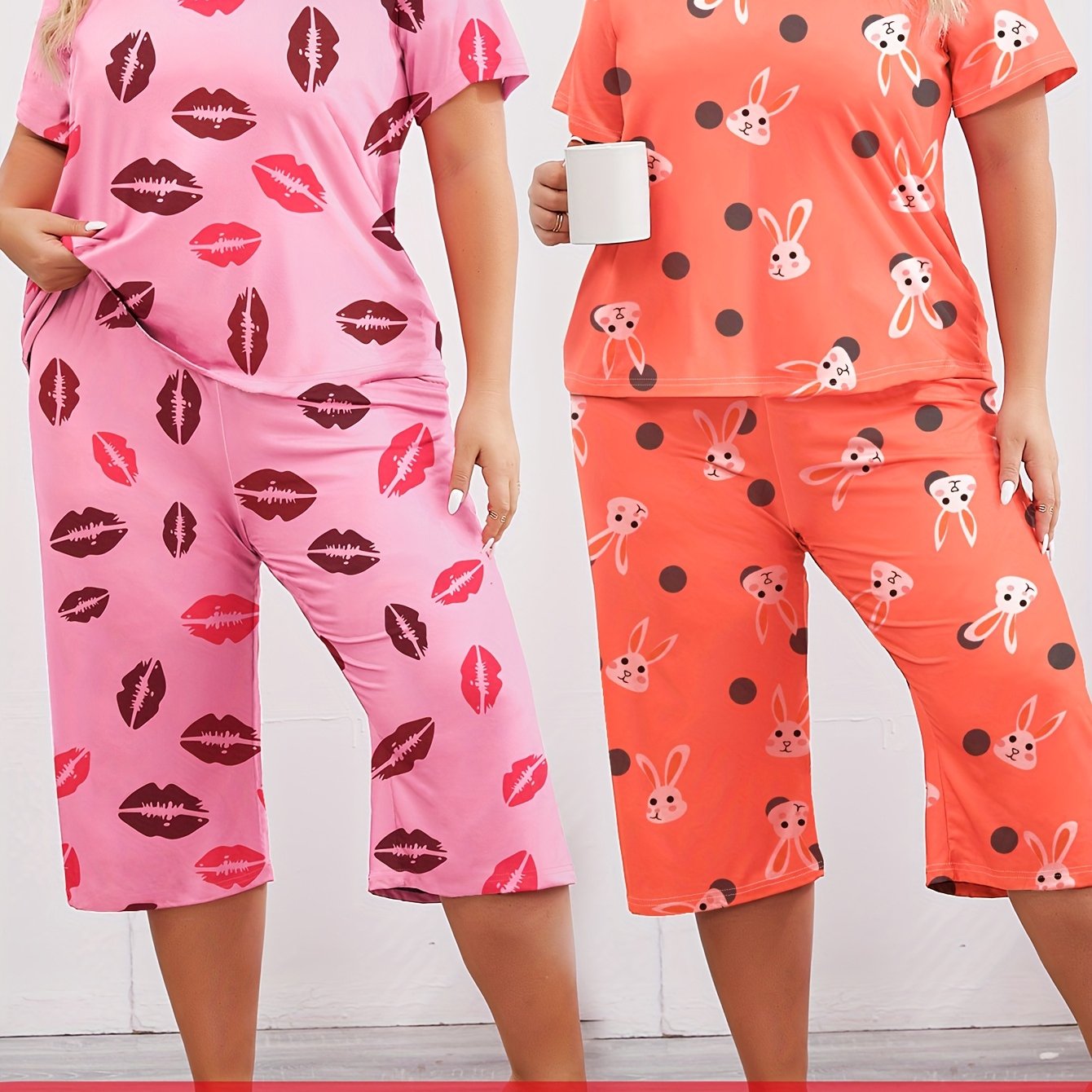 Women's Plus Size Pajama Set Shorts Sleeve Lounge Wear Capri Pants