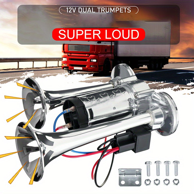 Universal Electric Dual Air Horn Kit for Vehicles, Loud, 12/24V
