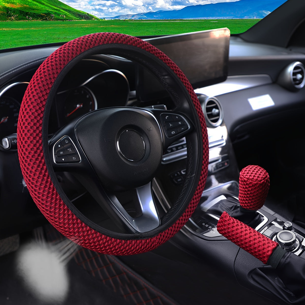 3pcs Breathable Mesh Car Steering Wheel Cover Anti-slip Sweat-absorbing 35-38cm