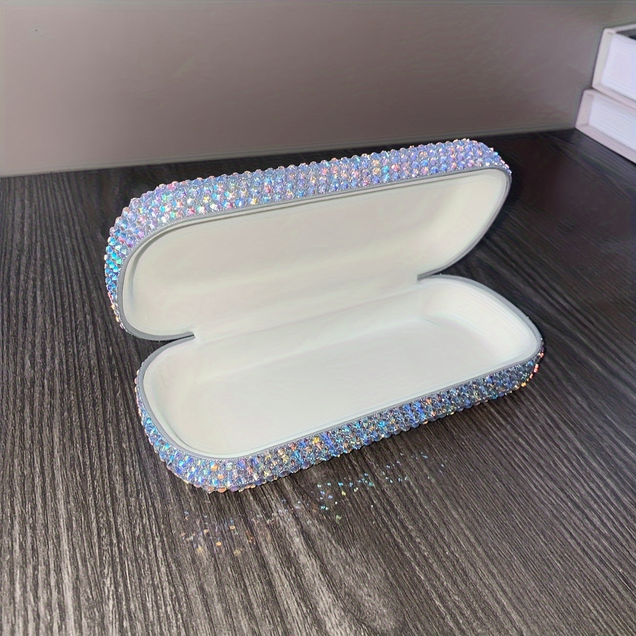 Faux Leather Eyewear Case with Sparkling Diamond Detailing and Square Design for Women