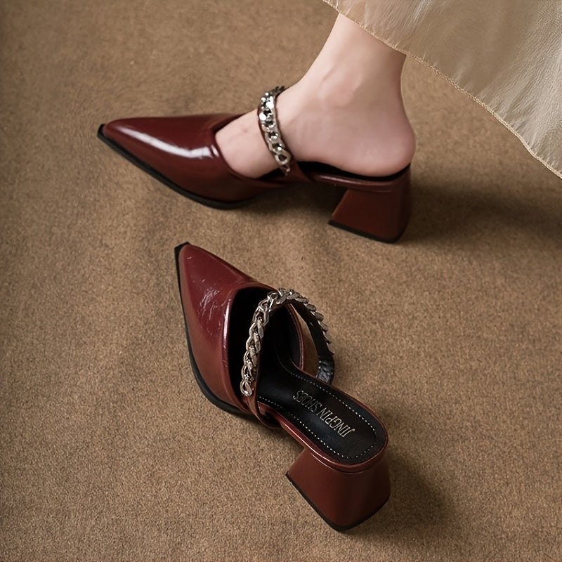 Women's Pointed Toe Chunky Heel Shoes Synthetic Braided Ankle Strap Black Brown