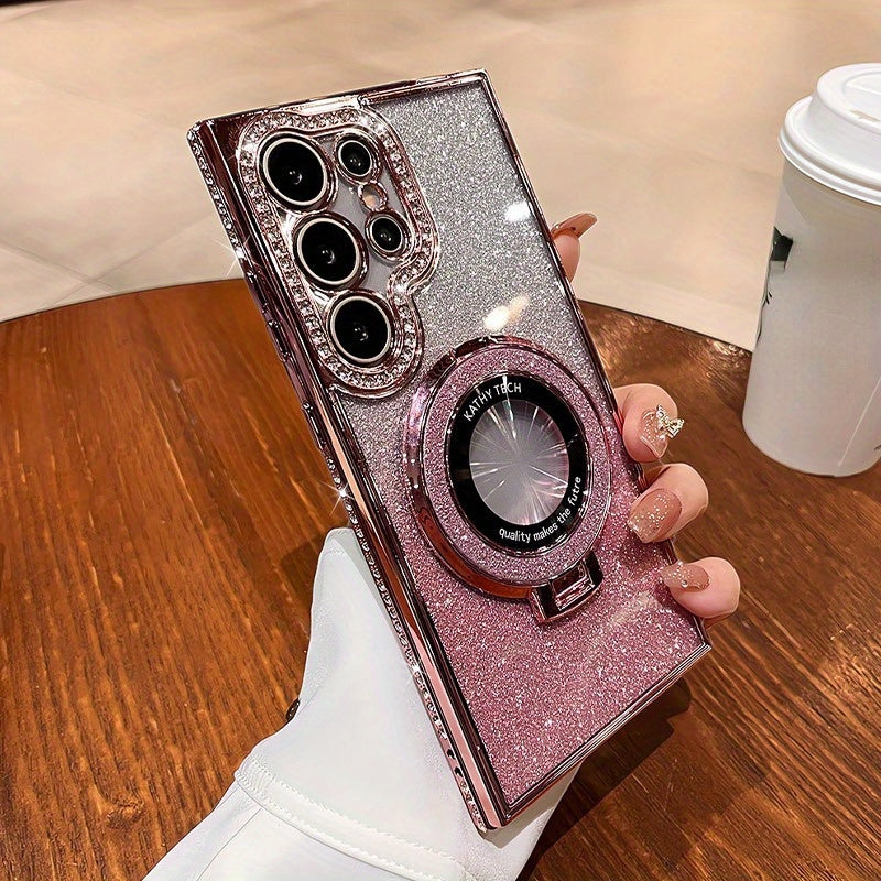 Magnetic Rhinestone Glitter Case for Samsung Plus TPU Plating with Holder and Wireless Charging