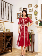 Women's Red Embroidered Sleeveless Dress with Geometric Pattern