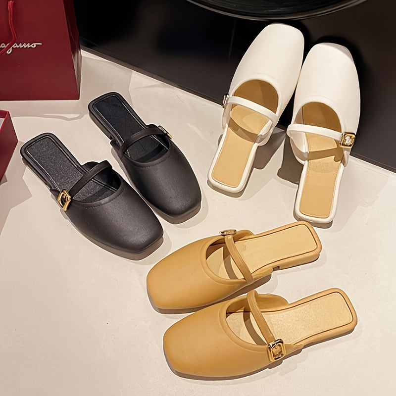 Women Square Toe Mules with Adjustable Strap Soft Sole Slip-On Casual Shoes