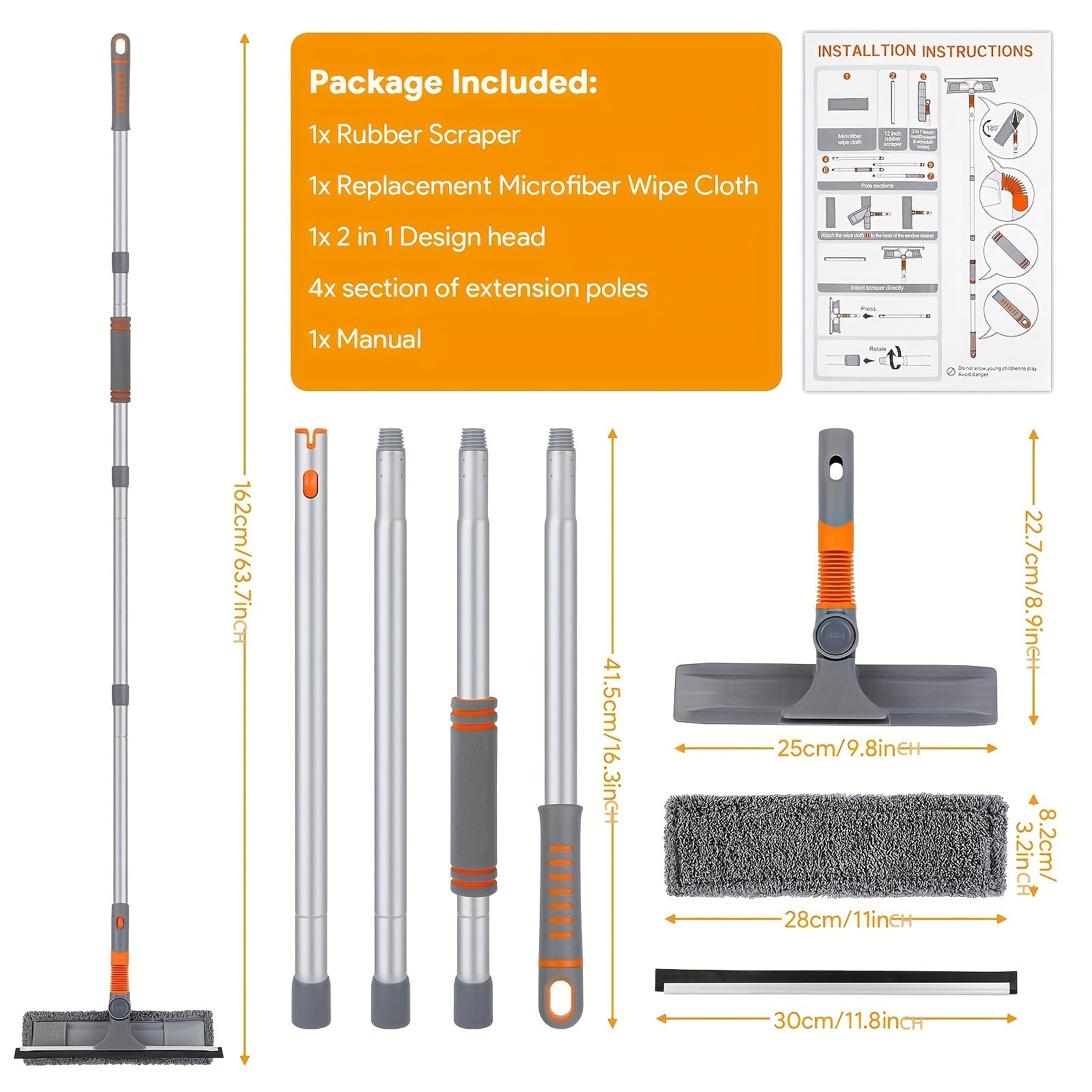 Window Cleaning Kit With Extension Pole Flexible Head Squeegee Washer Indoor Outdoor High Windows