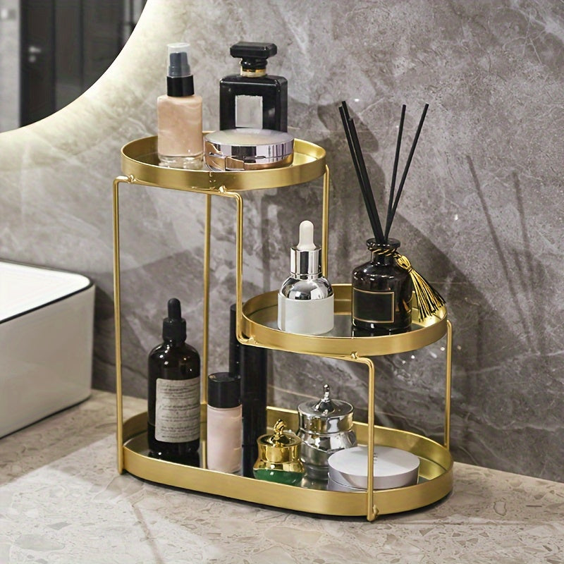 Golden Metal Cosmetic Organizer with 3 Tiers Marble Pattern Vanity Bathroom Storage
