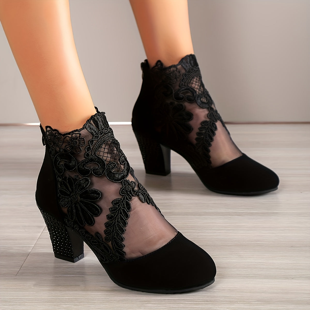 Women's Black Pointed Toe Ankle Boots with Block Heel and Zipper