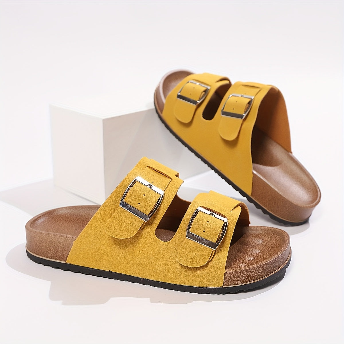 Women's Yellow Sandals with Buckle Straps Mid-Heel Open Toe Summer Footwear