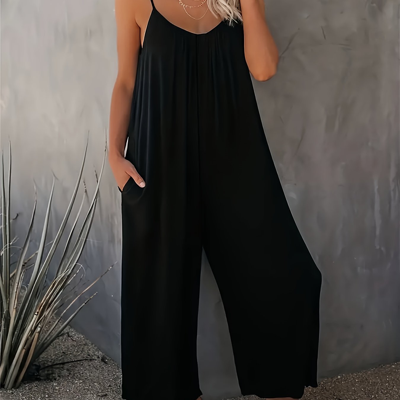 Plus Size Women's Bohemian Sleeveless Jumpsuit Black Wide-Leg Romper with Pockets