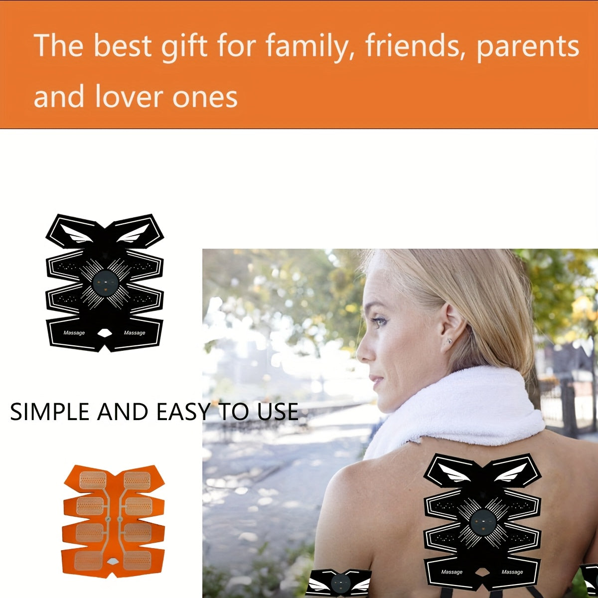 Uydagi foydalanish uchun mo'ljallangan uch qismli EMS massaj kamar to'plami, qo'llar, qorin va sonlarda mushaklarni bo'shashtirish va massaj qilish uchun. Ta'til sovg'asi sifatida ajoyib.