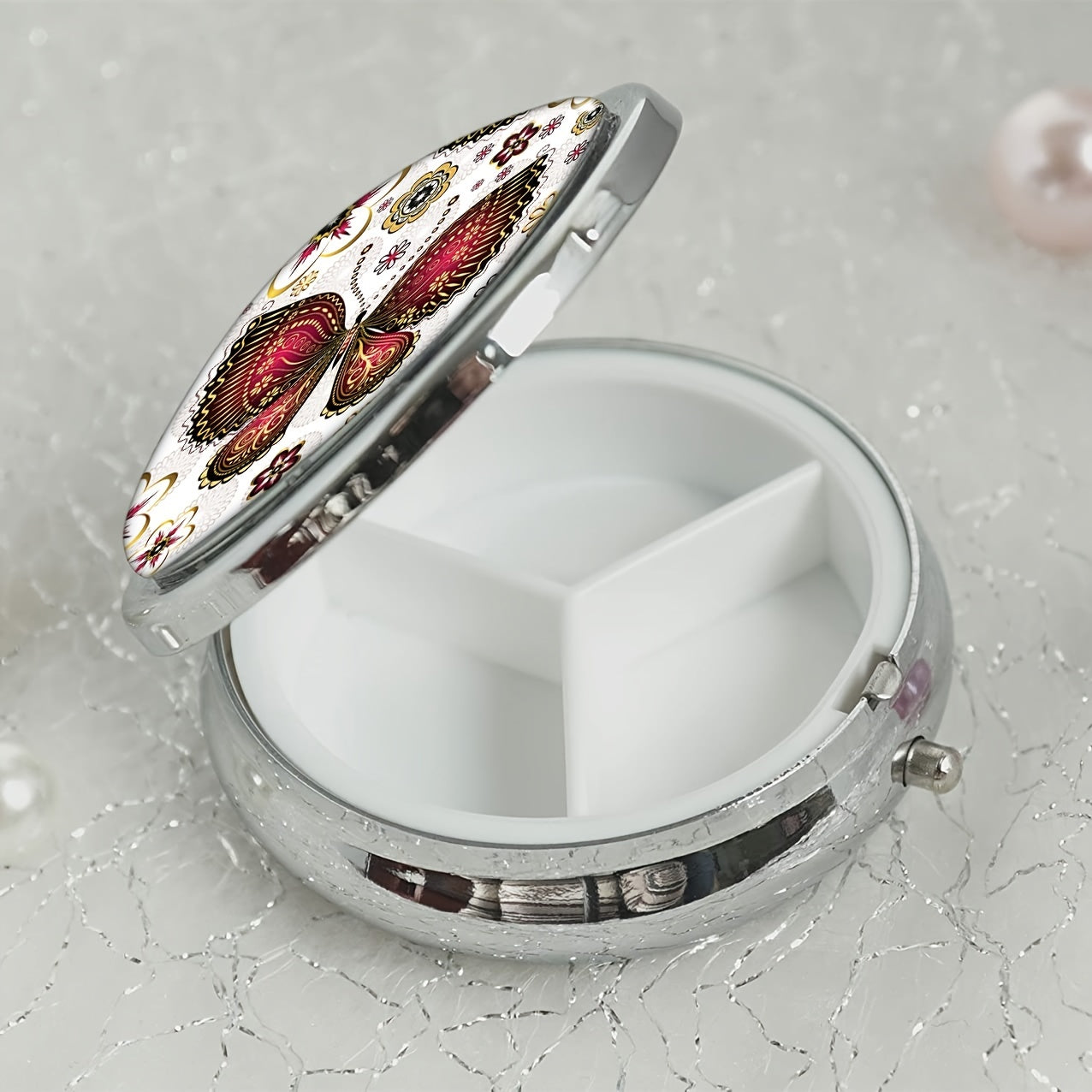 Uyda foydalanish uchun portativ dori saqlash qutisi - 3 bo'limli oltin-purpur rangli dumaloq dori qutisi, ochiq havoda sayohat va ofisni tartibga solish uchun ideal