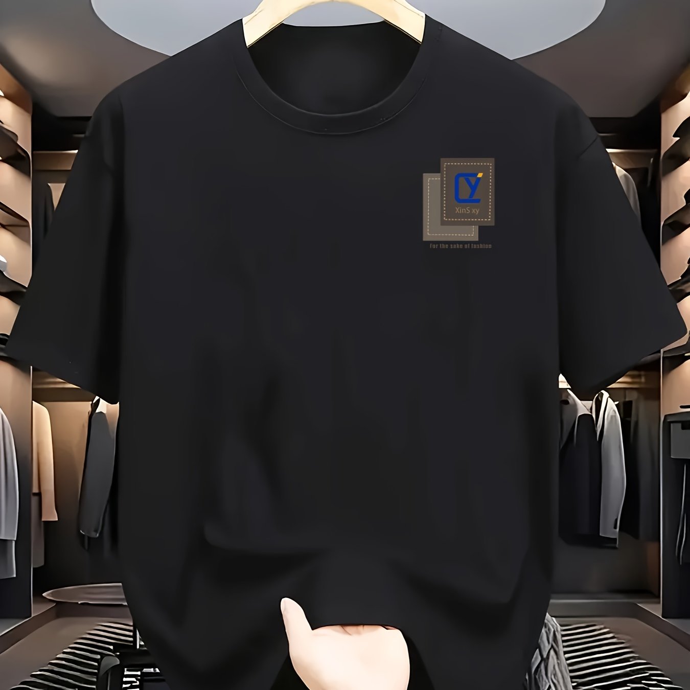 Men's Cotton Casual T-Shirt with R Print Crew Neck Short Sleeve All-Season